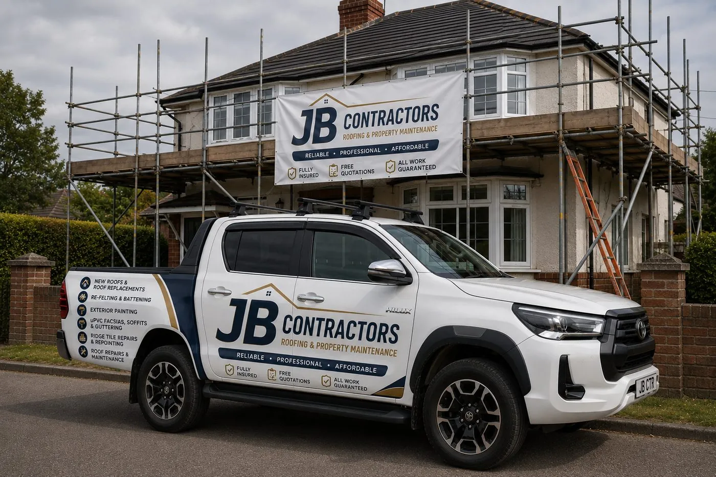 Carn Brea Roofing pickup truck on site at a scaffolded roofing job in Carn Brea