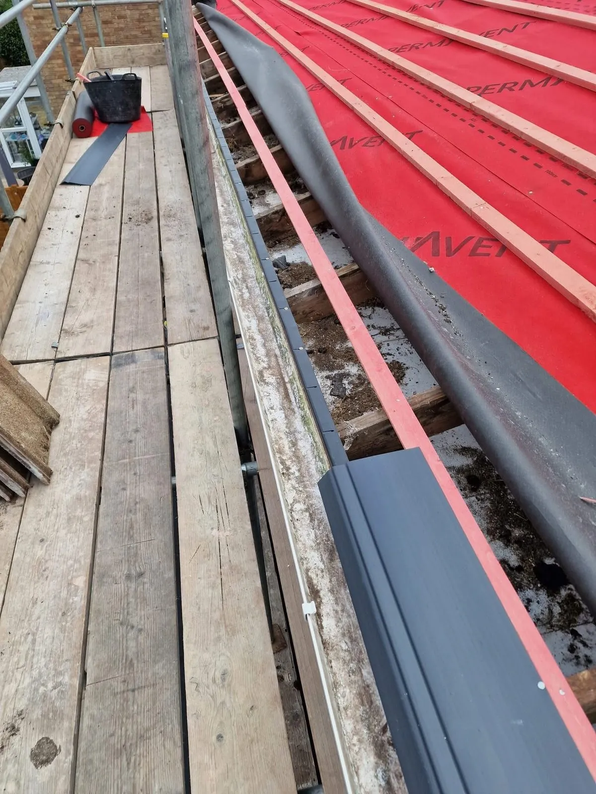 Breathable membrane and battens fitted during a re-roof in Carn Brea